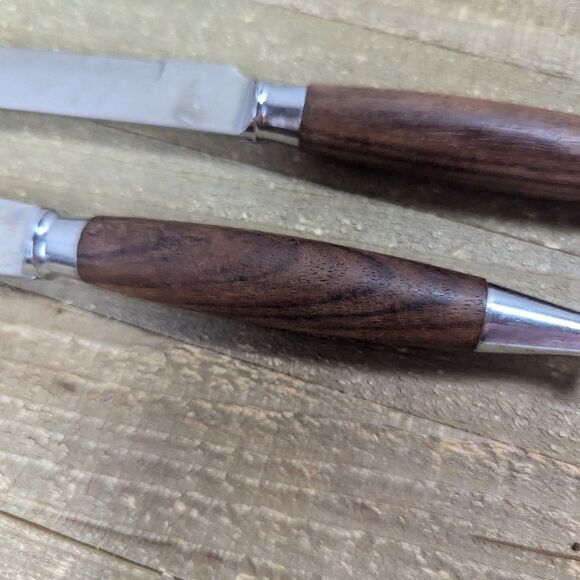 Mid-Century Modern Wood Handle Knife Set – Vintage Stainless Steel 13” & 15” - Picture 3 of 6